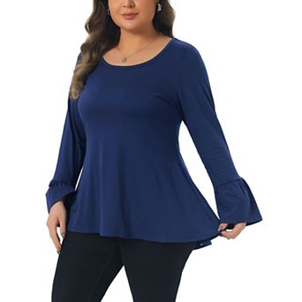 Plus Size Tops for Women Crew Neck Bell Long Sleeve High Low Hem Blouses