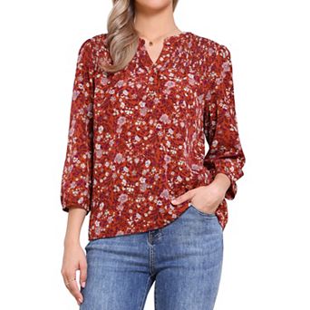 V Neck Floral Shirt for Women's 3/4 Sleeve Smocked Front Button Up Casual Summer Blouse Top