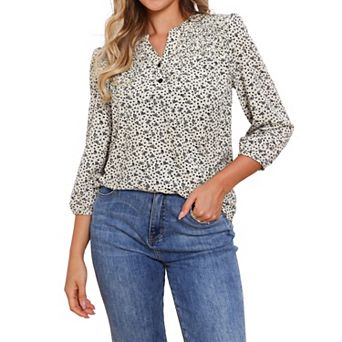 V Neck Floral Shirt for Women's 3/4 Sleeve Smocked Front Button Up Casual Summer Blouse Top