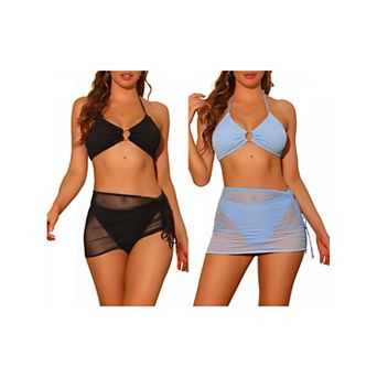 2 Sets Women's Swimsuits Ring Linked Halter Bikini Sets, Bathing Suit with Drawstring Mesh Skirt