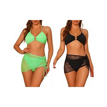 2 Sets Women's Swimsuits Ring Linked Halter Bikini Sets, Bathing Suit with Drawstring Mesh Skirt