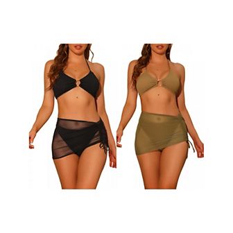 2 Sets Women's Swimsuits Ring Linked Halter Bikini Sets, Bathing Suit with Drawstring Mesh Skirt