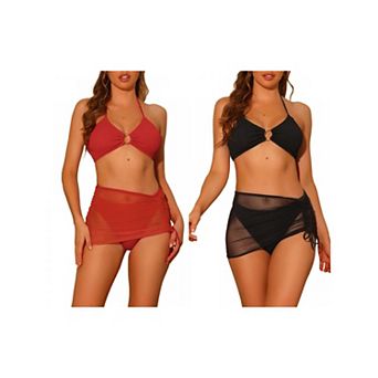 2 Sets Women's Swimsuits Ring Linked Halter Bikini Sets, Bathing Suit with Drawstring Mesh Skirt