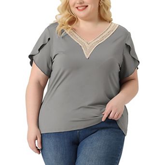 Plus Size Basic Tops for Women Tulip Sleeve Lace V Neck Casual Loose Fit Trendy Summer Blouses