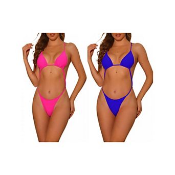 2 pc Women's Triangle Bikini, One Piece Adjustable Criss Cross Waistband Swimwear with Thong Bottom