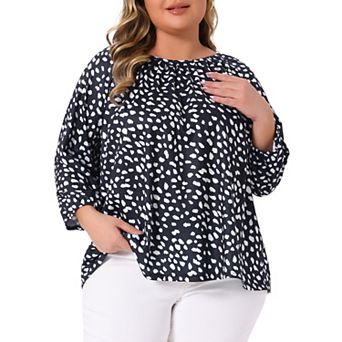 Plus Size Polka Dots Tops for Women Crew Neck 3/4 Sleeve Blouses Casual Fall Tops