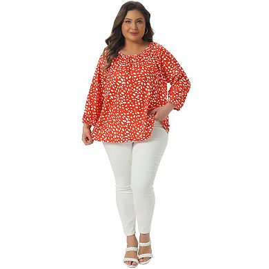 Plus Size Polka Dots Tops for Women Crew Neck 3/4 Sleeve Blouses Casual Fall Tops