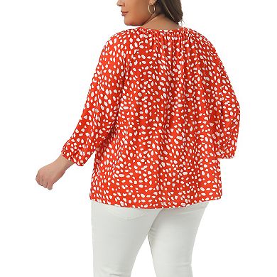 Plus Size Polka Dots Tops for Women Crew Neck 3/4 Sleeve Blouses Casual Fall Tops