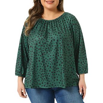 Plus Size Polka Dots Tops for Women Crew Neck 3/4 Sleeve Blouses Casual Fall Tops