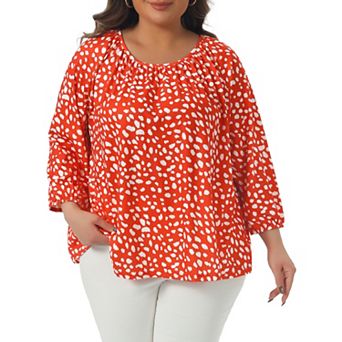 Plus Size Polka Dots Tops for Women Crew Neck 3/4 Sleeve Blouses Casual Fall Tops