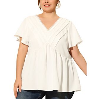 Plus Size Tops for Women Flare Sleeve V Neck Lace Front Work Peplum Shirt Blouses
