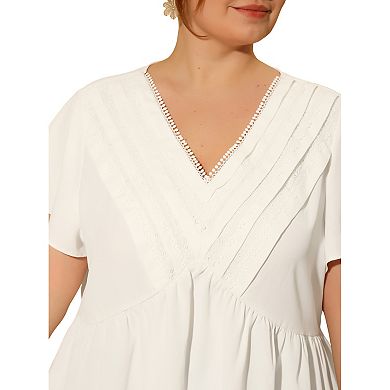 Plus Size Tops for Women Flare Sleeve V Neck Lace Front Work Peplum Shirt Blouses