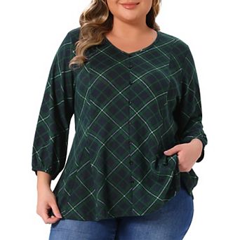 Plus Size Top for Women 3/4 Sleeve V Neck Decorative Buttons Casual Plaid Tunic Pullover Tee Shirts