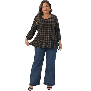 Plus Size Top for Women 3/4 Sleeve V Neck Decorative Buttons Casual Plaid Tunic Pullover Tee Shirts