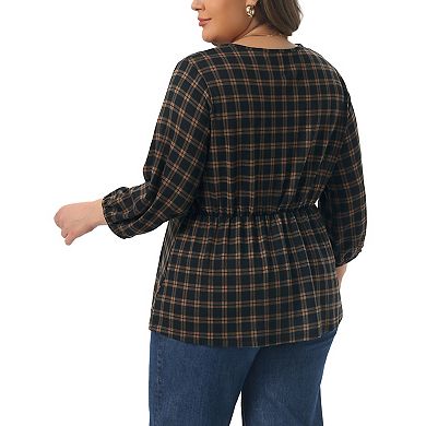 Plus Size Top for Women 3/4 Sleeve V Neck Decorative Buttons Casual Plaid Tunic Pullover Tee Shirts