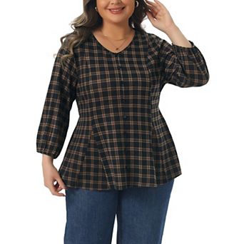 Plus Size Top for Women 3/4 Sleeve V Neck Decorative Buttons Casual Plaid Tunic Pullover Tee Shirts
