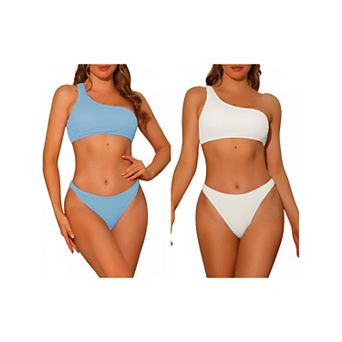 2 Sets Women's One Shoulder Bikini Sets, Asymmetric Ribbed Triangle Bottoms Sporty Swimwear