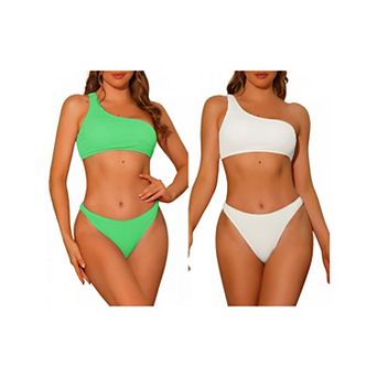 2 Sets Women's One Shoulder Bikini Sets, Asymmetric Ribbed Triangle Bottoms Sporty Swimwear