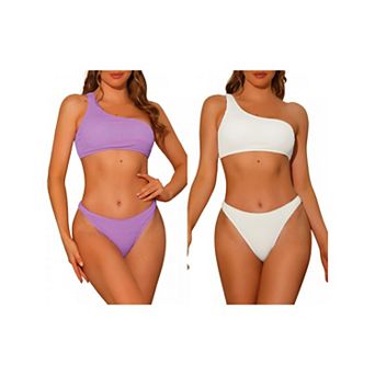 2 Sets Women's One Shoulder Bikini Sets, Asymmetric Ribbed Triangle Bottoms Sporty Swimwear