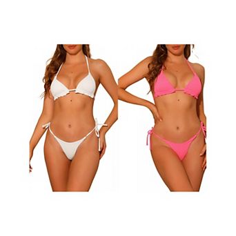 2 Sets Women's Halter Ribbed Textured Swimsuits Bikini Sets, Tie Side Triangle Bottom Bathing Suit