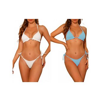 2 Sets Women's Halter Ribbed Textured Swimsuits Bikini Sets, Tie Side Triangle Bottom Bathing Suit