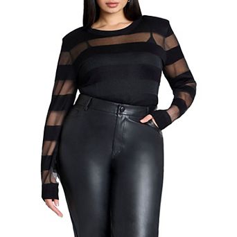 ELOQUII Women's Plus Size Sheer Stripe Sweater With Shoulder Pad
