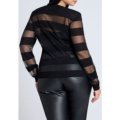 ELOQUII Women's Plus Size Sheer Stripe Sweater With Shoulder Pad