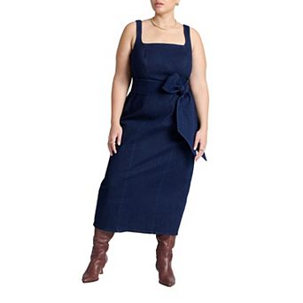 ELOQUII Women's Plus Size Tie Detail Denim Midi Dress