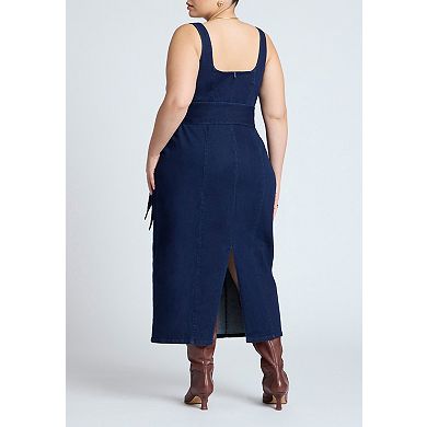ELOQUII Women's Plus Size Tie Detail Denim Midi Dress