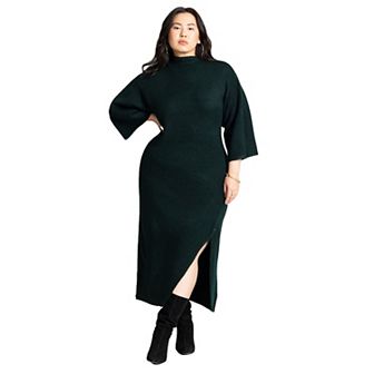 ELOQUII Women's Plus Size Funnel Neck Wide Sleeve Midi Dress