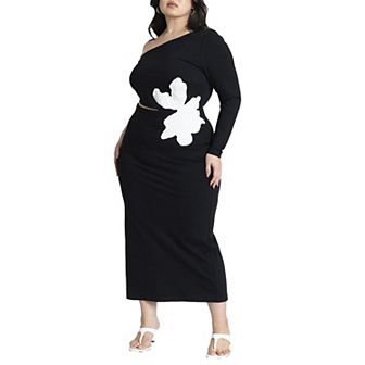 ELOQUII Women's Plus Size One Shoulder Flower Detail Dress