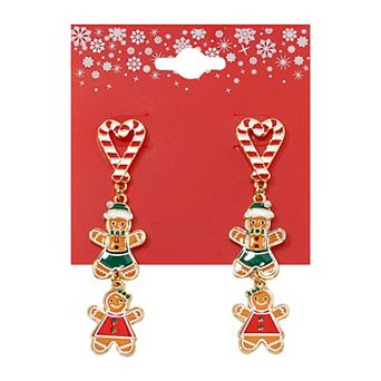 Gold Tone Candy Cane Gingerbread Dangle Earrings