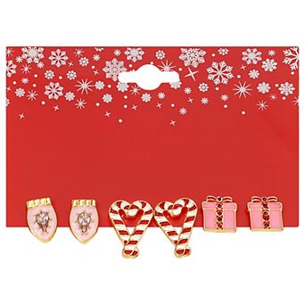 Gold Tone Pink Holiday 3-Pair Earring Set
