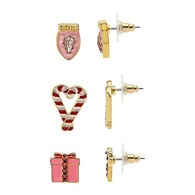 Gold Tone Pink Holiday 3-Pair Earring Set