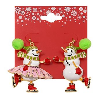 Gold Tone Skating Snowman Earrings