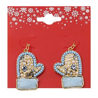 Gold Tone Mittens Faux Fur Drop Earrings