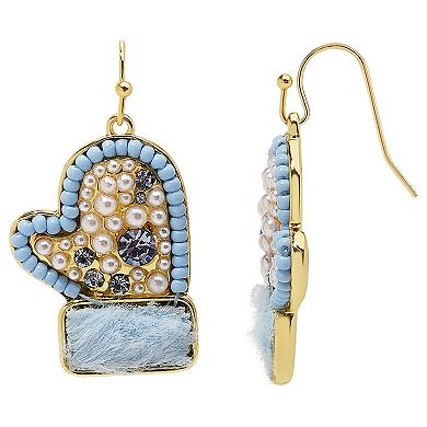 Gold Tone Mittens Faux Fur Drop Earrings