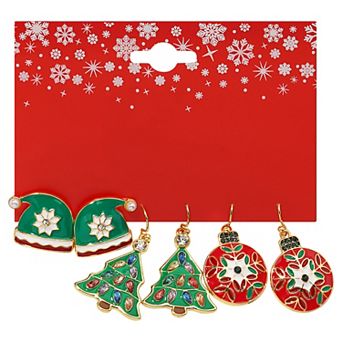 Gold Tone 3-Pair Hat, Tree & Ornament Holiday Earring Set