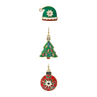 Gold Tone 3-Pair Hat, Tree & Ornament Holiday Earring Set