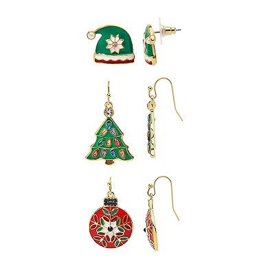 Gold Tone 3-Pair Hat, Tree & Ornament Holiday Earring Set