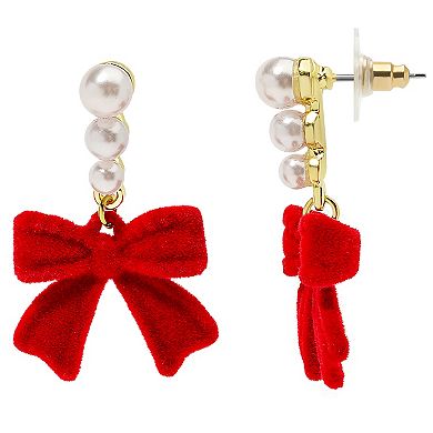 Gold Tone Simulated Pearl Ribbon Earrings