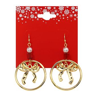 Gold Tone Bow Hoop Drop Earrings