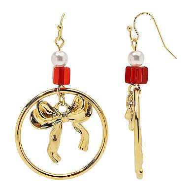 Gold Tone Bow Hoop Drop Earrings