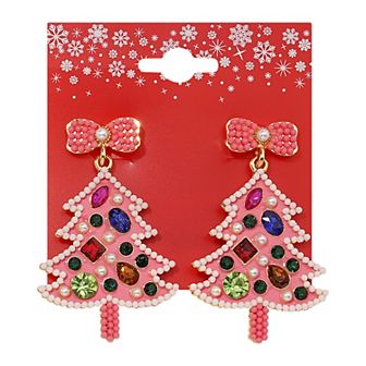 Gold Tone Pink Holiday Tree Multi Simulated Stone Dangle Earrings