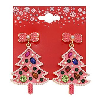 Gold Tone Pink Holiday Tree Multi Simulated Stone Dangle Earrings