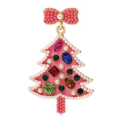 Gold Tone Pink Holiday Tree Multi Simulated Stone Dangle Earrings