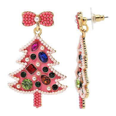 Gold Tone Pink Holiday Tree Multi Simulated Stone Dangle Earrings