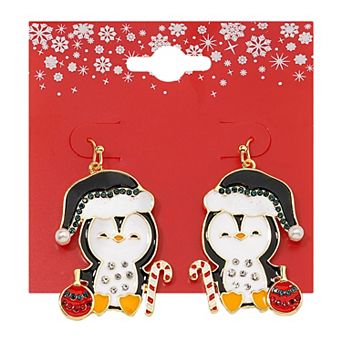 Gold Tone Holiday Penguin Drop Earrings