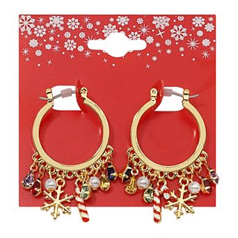 Gold Tone Holiday Charm Hoop Earrings