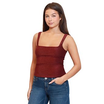 Juniors' madden girl Double Square Neck Shine Tank Top with Dyed To Match Metallic